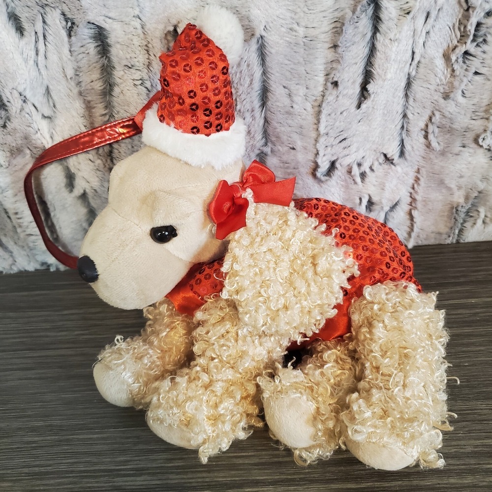 Plush Christmas Dog Purse Red Sequins Beige‎ Tan Poodle Cocker Spaniel Girls